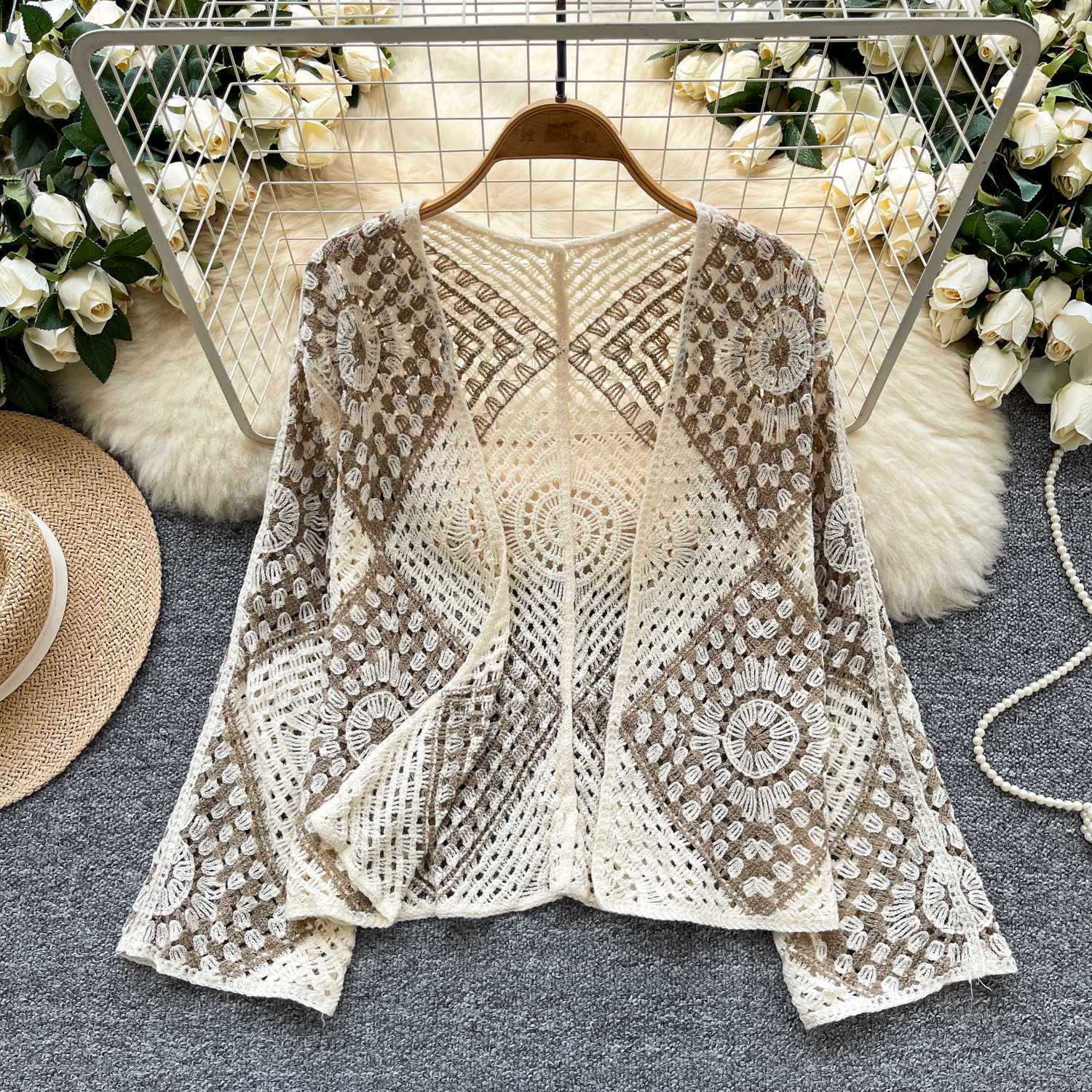 Crochet Top Boho - Вязаный кардиган-кимоно для женщин, прозрачный, с