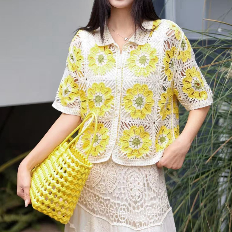 Crochet Top Boho - Вязаная крючком рубашка-поло с квадратными вставками,