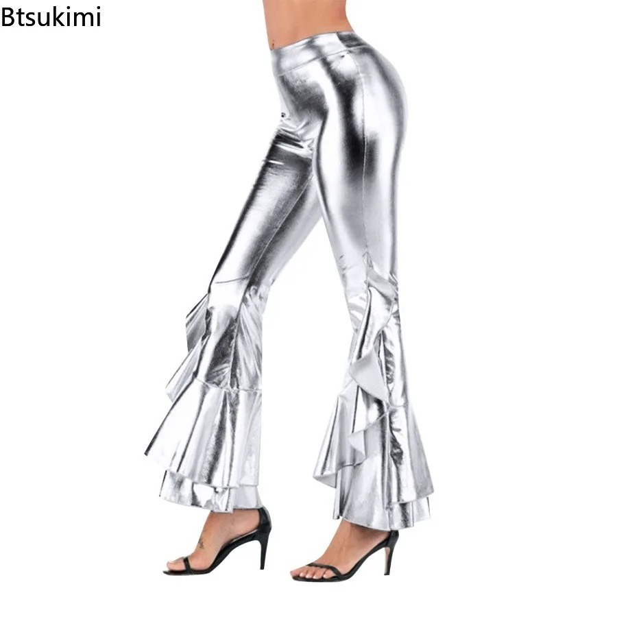 Wide Leg Trouser 70S - Женские блестящие брюки-клеш с металлическим эффектом,