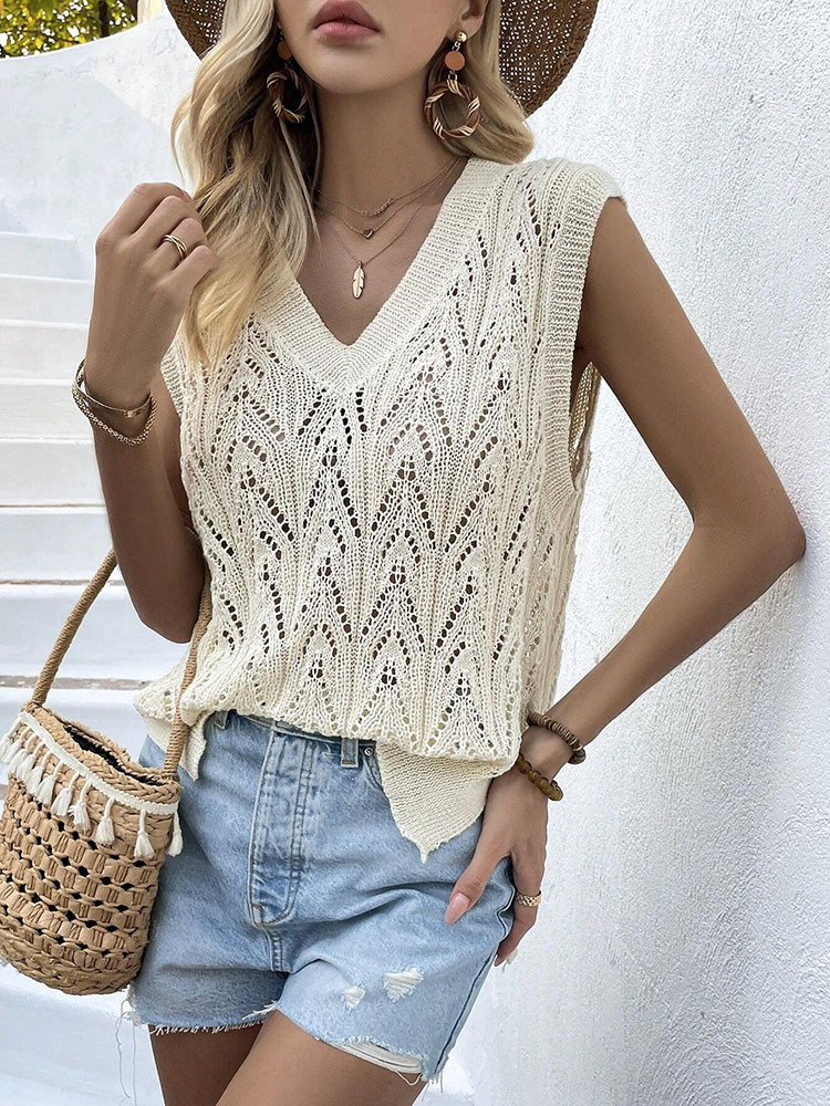Crochet Top Boho - Женский бежевый вязаный крючком топ-жилет с
