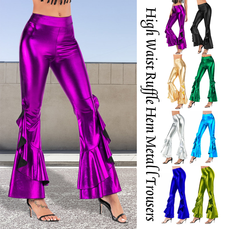 Wide Leg Trouser 70S - Женские блестящие брюки-клеш с лазерным металлическим