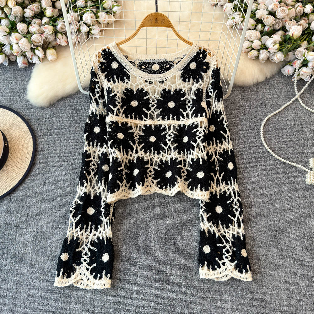 Crochet Top Boho - Женский вязаный кроп-топ с цветочным узором,