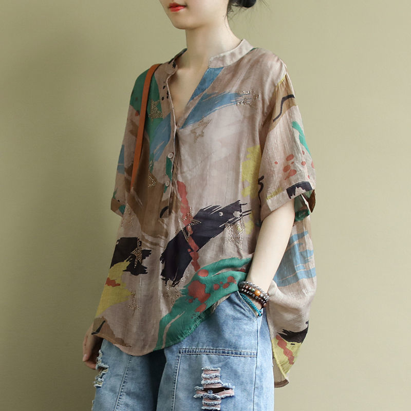 Vintage Fashion In Chinese - Женская тонкая льняная Блузка с V-образным